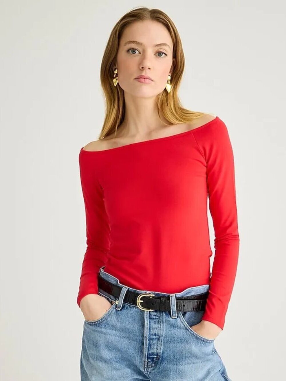 J.CREW Red Stretch Cotton Jersey Off Shoulder Long Sleeve T-Shirt, Size M